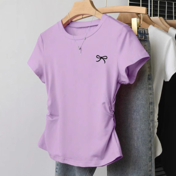 Picture of In-Stock Cute Style Regular Shoulder Short-Sleeve T-Shirt with Printed Waist, Slimming, Versatile Korean Version, Slim Fit, Plus-Size, Slightly Chubby Top for Summer