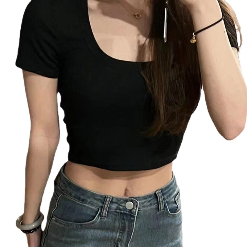 Stretch rayon pure U-collar T-shirt women's short-sleeved summer close-fitting slimming hot girls exposed short bottoming top in