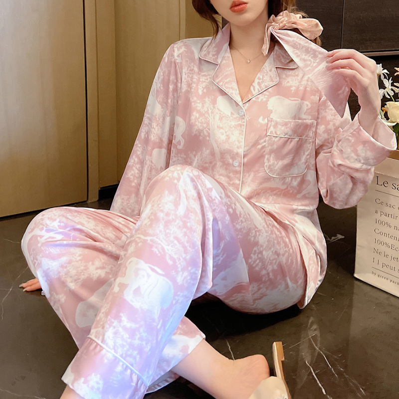 Home Loose suit Spring and Summer Ice Silk Pajamas Long Sleeve Home Clothes Niche Fine Textuity Home suit Wholesale