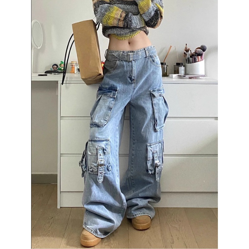 2025 Street Design Sense Multi-Pocket High-Waist Workwear Wide-Leg Jeans Neutral Loose Pendant Slim-Fit Mopping Pants