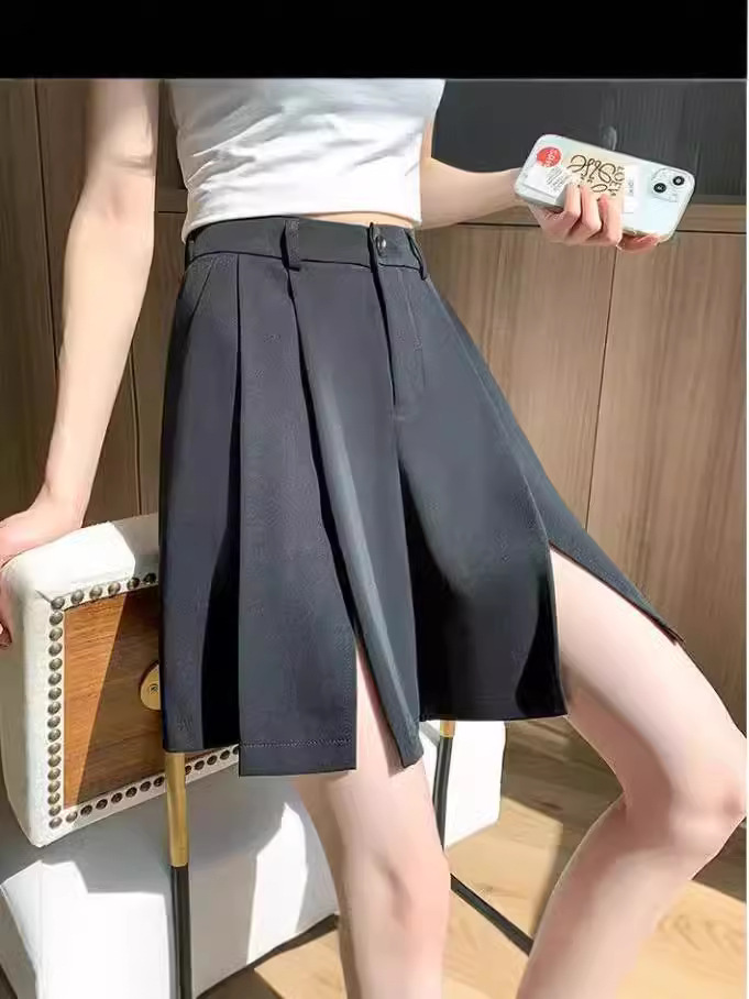 High Waist Suit Shorts Women's Loose 2024 Autumn New Korean Style Split Casual Culottes All-Match A- Shaped Wide-Leg Pants