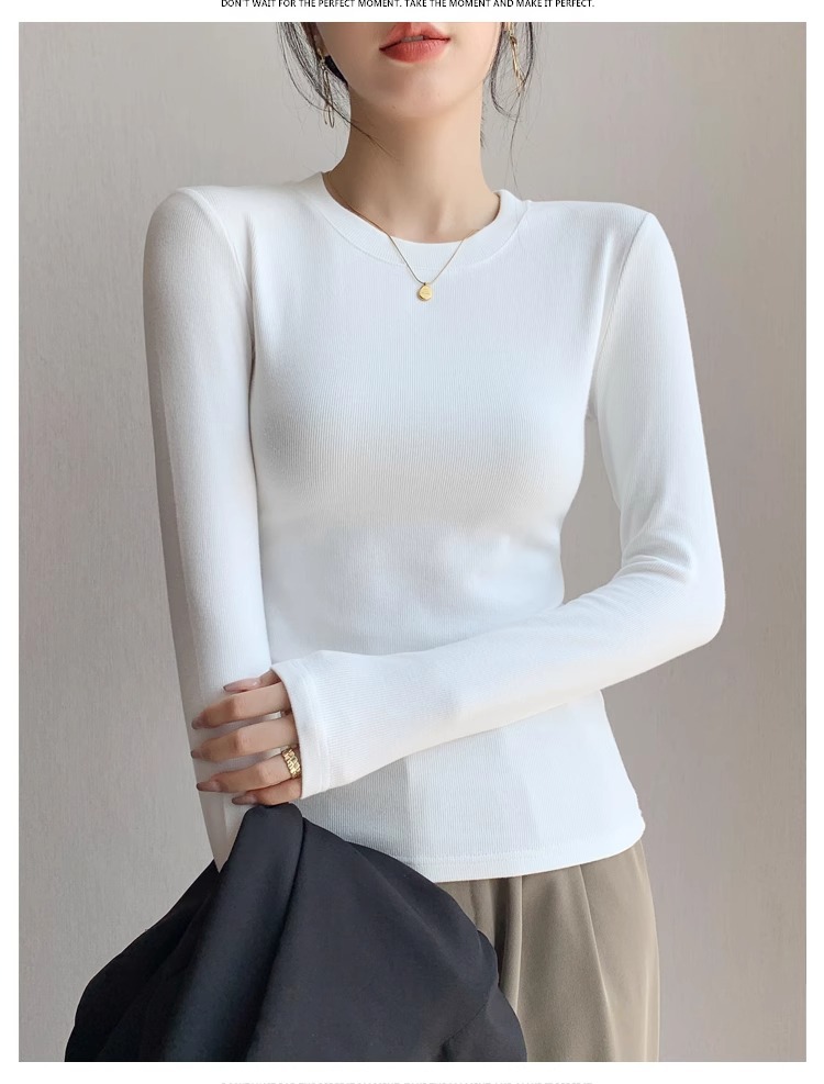 High Elastic Round Neck Base Shirt Women's Threaded Spring Autumn and Winter Suit Inner Slim-fit Western Style Long-sleeved T-shirt All-match Top