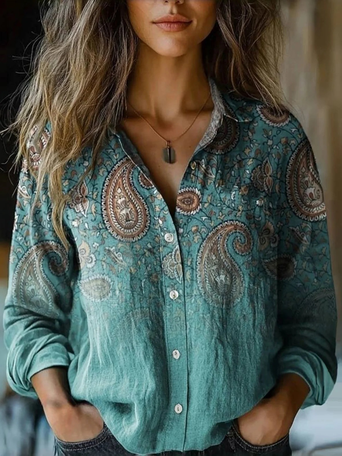 Picture of 2025 Cross-border European and American Foreign Trade Women's Spring and Summer New Retro Printed Long-sleeved Casual Shirt Imitation Cotton and Linen Shirt