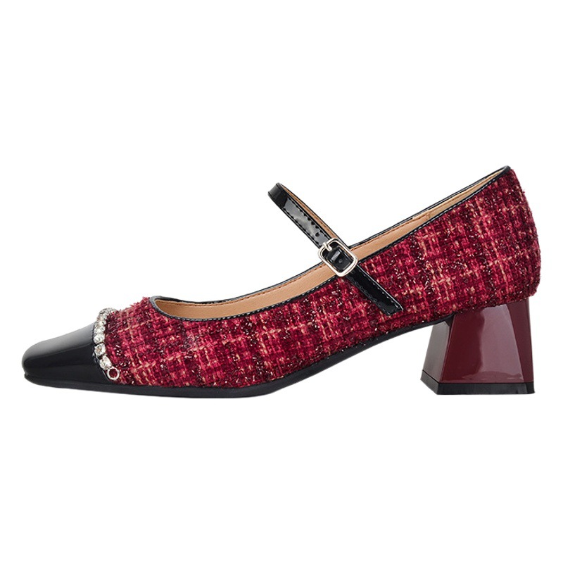 332-53 Sheepskin Mary Jane Shoes Women's Middle Heel Square Toe Thick Heel Single Shoes Retro French Chanel Style Buckle Belt