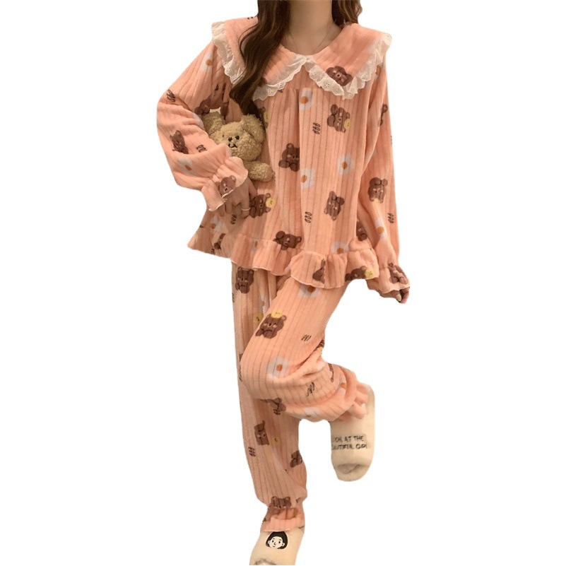 Little Bear Peach Lace Coral Velvet Suit Casual Wearable Autumn and Winter Pajamas Thickened Home Clothes Women's Lazy Style