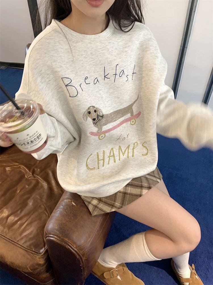 American Style Retro Loose Round Neck Sweatshirt TC Chinese Cotton Composite Milk Silk Silver Fox Velvet White Gray Puppy Printed Casual