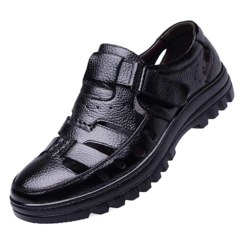 Factory Goods 2025 Summer Business Hollow Leather Sandals Middle-aged and Elderly Leather Breathable Shoes Men's Hole Velcro Sandals