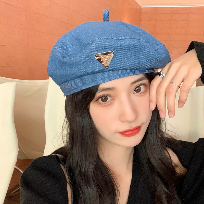 Picture of Japanese Style Retro Large Head Circumference Denim Beret Spring, Summer and Autum Women's K-Style Versatile Fashion Painter's Hat Makes the Face Smaller
