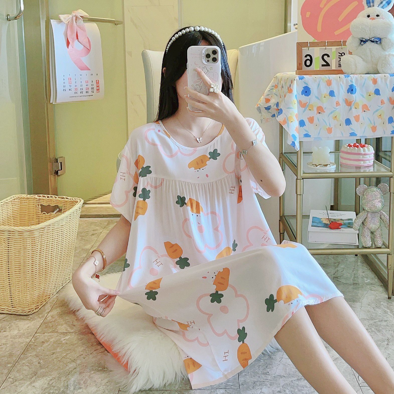 Picture of Cotton Silk Nightgown Women's Spring and Autumn Summer Thin Pajamas Korean Sweet Girls Online Celebrant Live Explosions Home Outwear Skirt