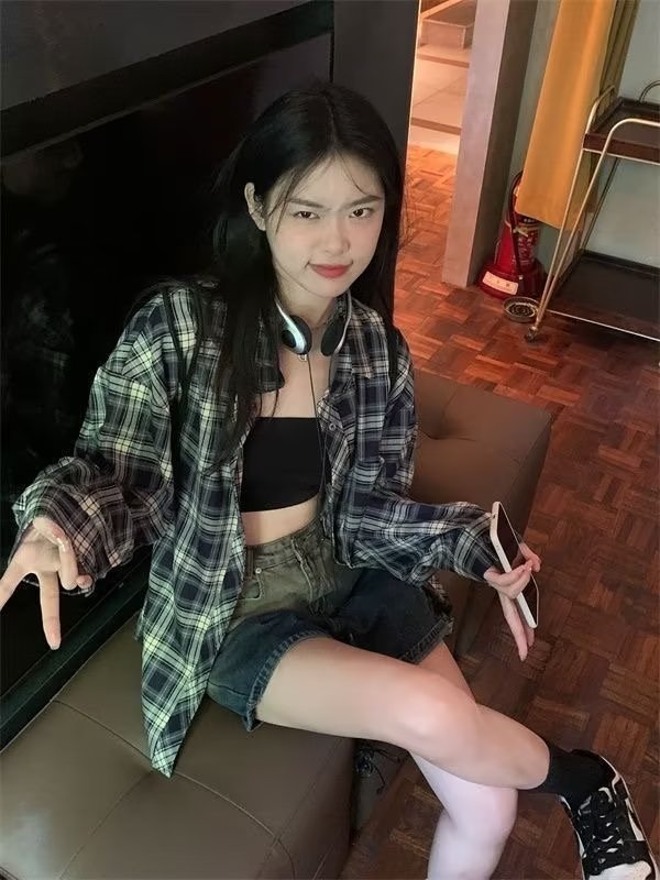 Korean Style Chic Hong Kong Style Yellow and Black Plaid Shirt Women's Loose Lazy Mid-length Shirt All-match Sunscreen Jacket