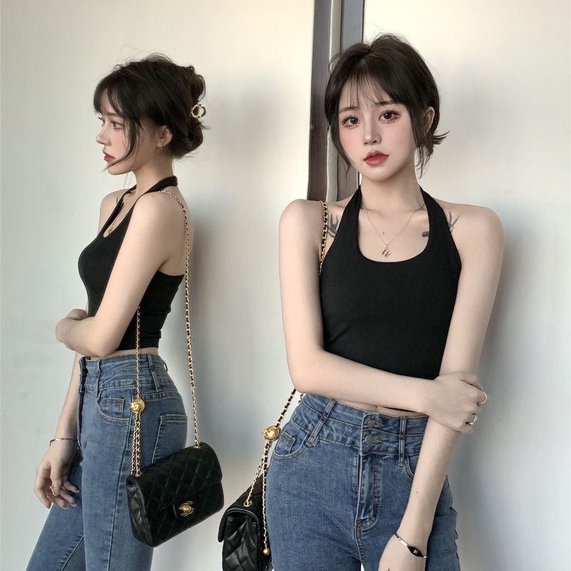 Internet Celebrity All-match Basic Spice Girl Contrast Color Thread Cotton Short Base Sling Small Vest Women's Inner Sleeveless Outer Wear
