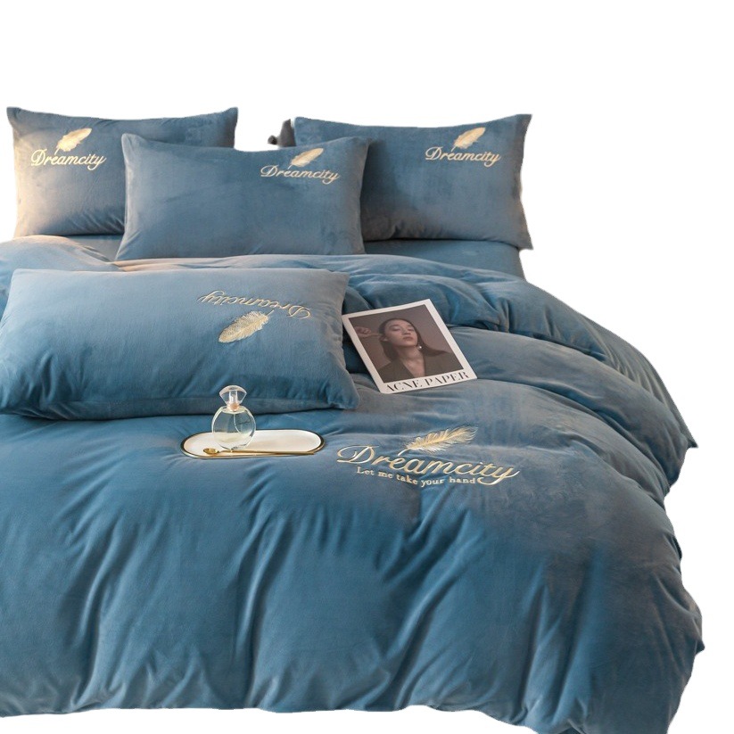 Thick milk velvet bed four-piece coral velvet winter bedding flannel quilt cover double-sided fleece-lined bed sheet quilt cover