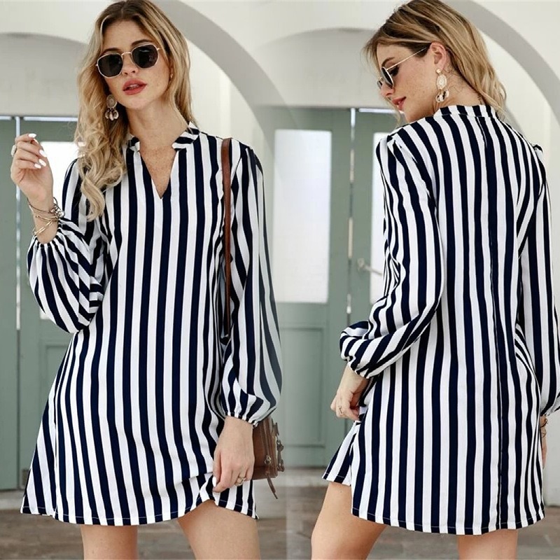 Cross-border Autumn Hot Selling Korean V-neck Design High-grade dress Casual Fashion Loose Striped Long-sleeved Midi Dress