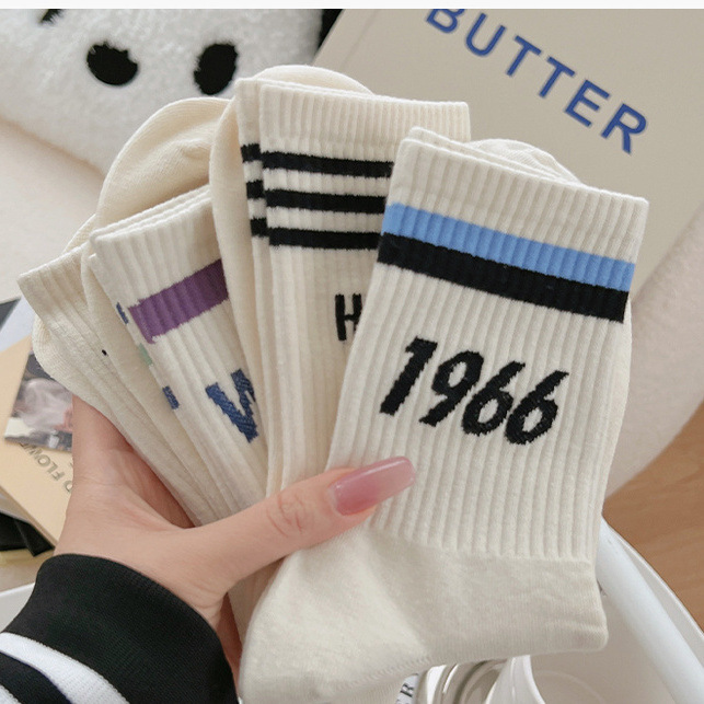 White socks women's solid color mid-calf length socks summer thin two bars versatile internet celebrity fashionable personalized stockings women's spring and autumn