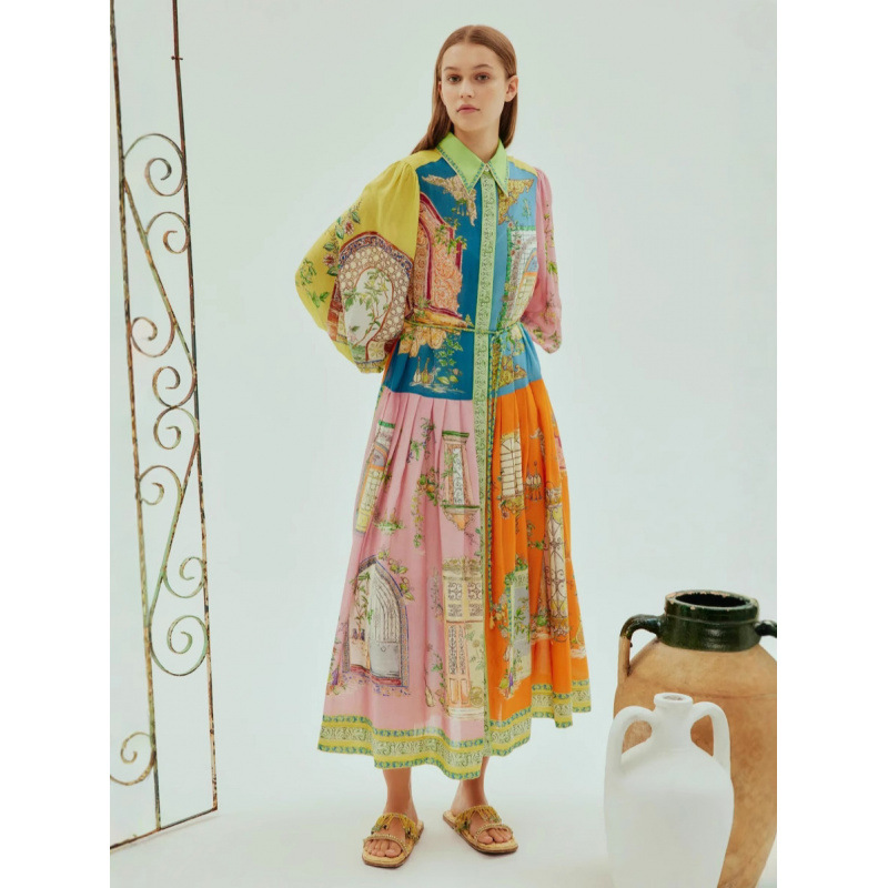 European and American Cross-Border 2024 Aliexpress Independent Site Single-Breasted Long Lantern Sleeve Graffiti Print Lace-Up Waist Dress