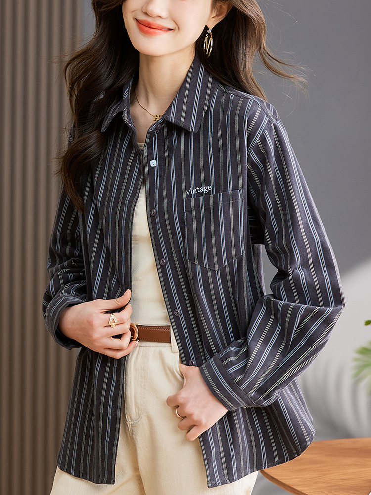 2024 Spring and Autumn New Cotton Shirt Women's Striped Loose Casual Fashionable Short Shirt Long Sleeve Top