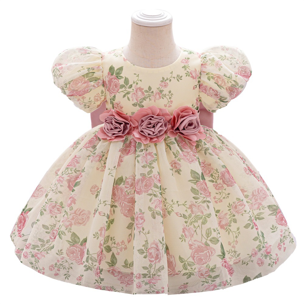 Picture of 2025 Cross-Border New Girls Princess Dress Summer Little Girl Dress Puff Sleeve Floral Children's Dress Tutu Skirt