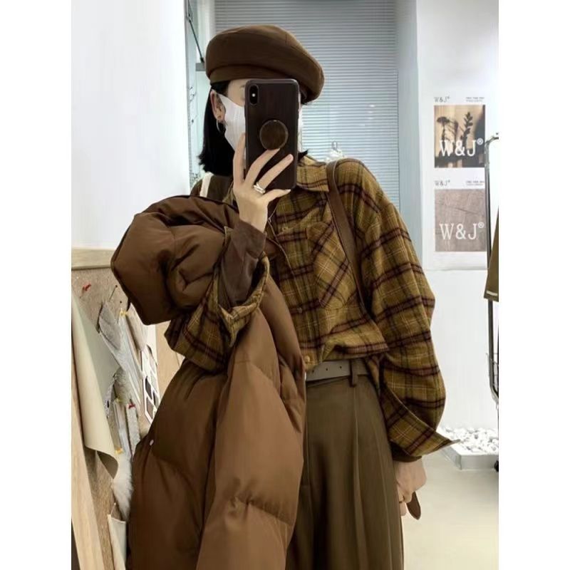 Retro Hong Kong style brushed plaid shirt Women's Spring and Autumn stacked top design long sleeve bottoming shirt