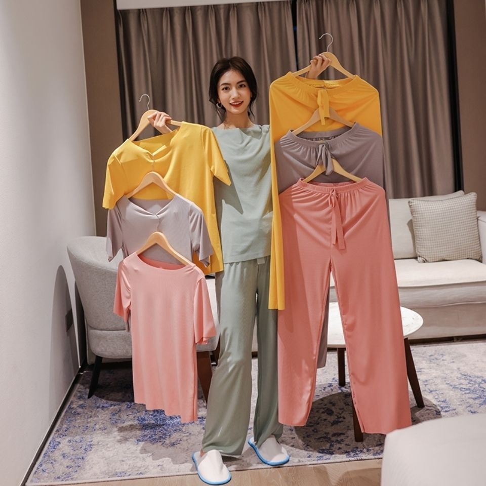 Little Port Sister Soft Suit Summer Thin Solid Color Home Clothes Two-Piece Set Short-Sleeved Elastic Waist Trousers Lazy Pajamas
