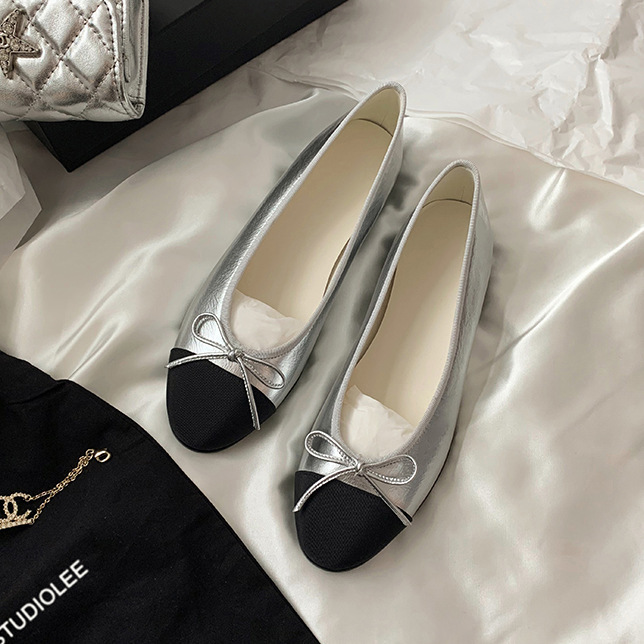 in stock Sheepskin Version ~ High-grade silver Genuine Leather Mary Jane Single-layer Shoes Women's Bow Flat Shoes Ballet Pumps