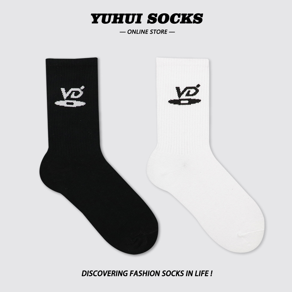 Pioneer Trendy Brand Vd Niche Socks Fashionable Street Vibe Style Disc Jacquard Black and White Sports Mid-Calf Socks Cotton for Men and Women