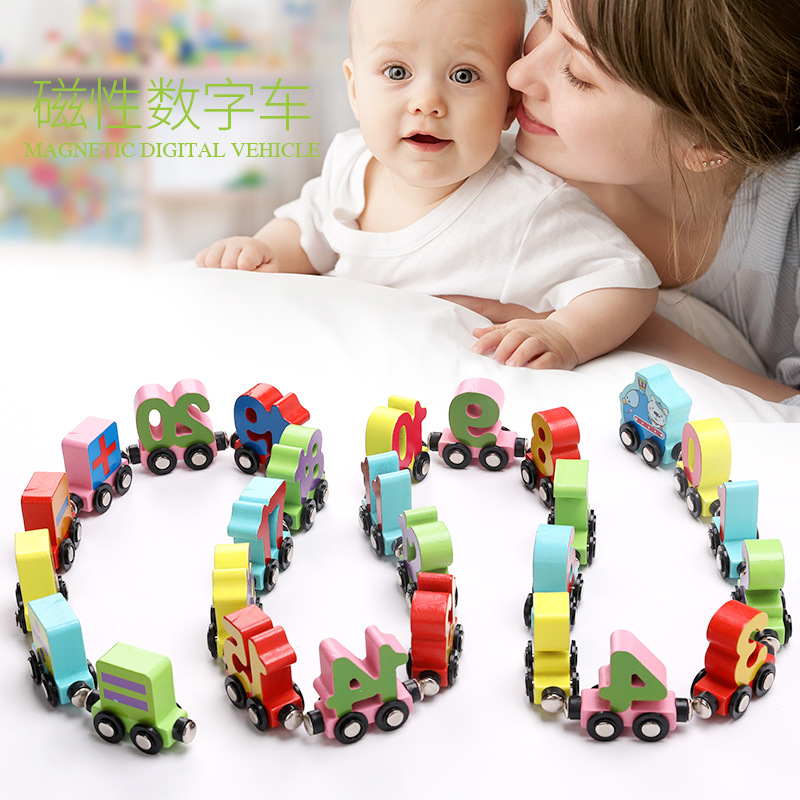 Picture of Children's educational toys building blocks magnetic digital small train letters wooden magnetic assembled 1-3 years old toy car