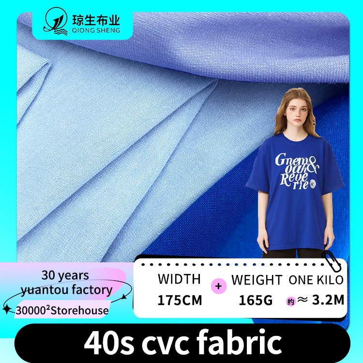 Cross-Border 40S Korean O'Dell Cotton Polyester Fabric Cvc Knitted Jersey Single-Sided Plain T-Shirt Fabric