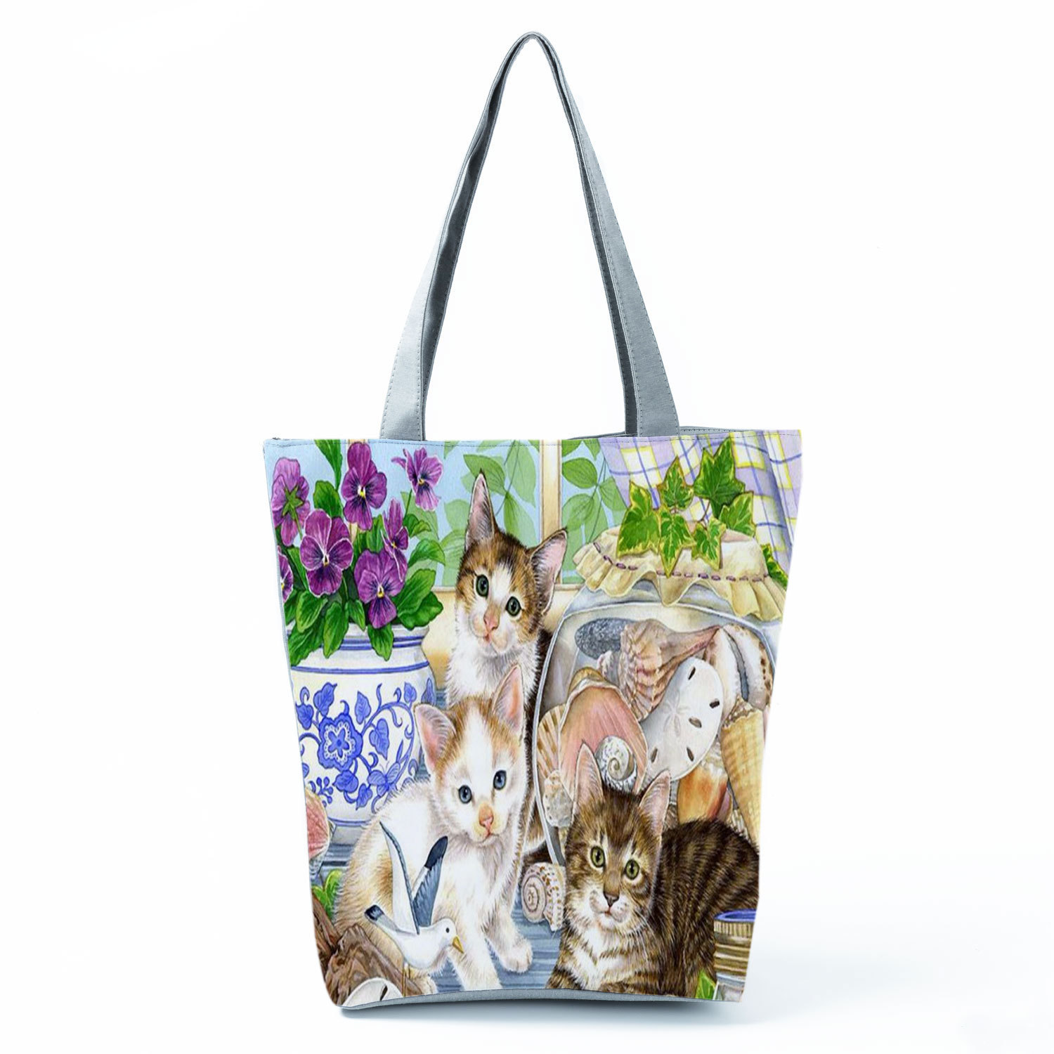 Picture of New cute flower cat printed shoulder bag portable travel storage bag large capacity outdoor tote bag