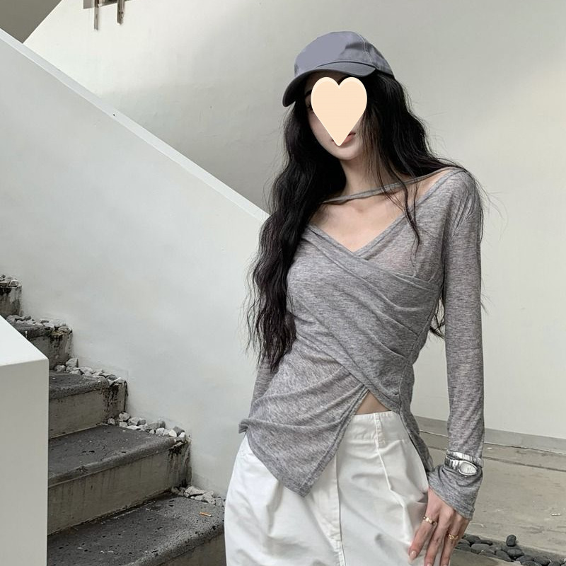 Picture of Designed Asymmetrical Cross V-Neck Long-Sleeved T-Shirt for Women in Spring & Fall Thin Unique Slim-Fitting Sexy Waist Slimming Look Top