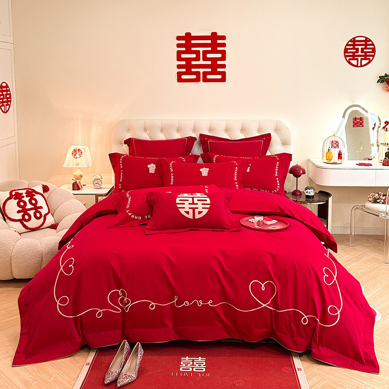 Picture of High-end European-style Wedding Four-piece Cotton Big Red Embroidered Sanding Quilt Cover Wedding Bedding Accompanying Wedding Room