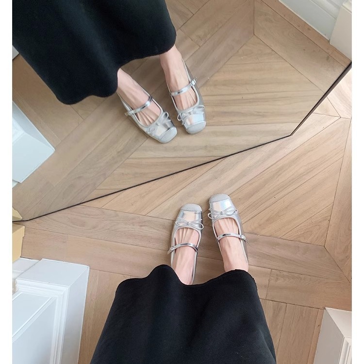 Grape Mom Same Style French Style Inner Heightening Age-reducing Bow Ballet Half-sop Sandals Genuine Leather Women's Single-layer Shoes for Summer