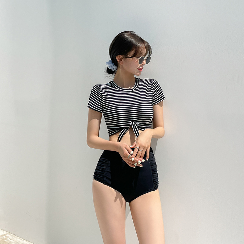 Cross-border Wholesale Sports Fashion Style Black Striped Split Short Sleeve Lace-up Conservative High Waist Belly Covering Slimming Women's Swimwear