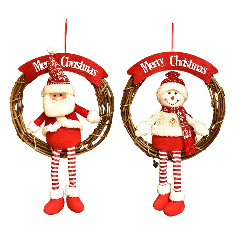 Christmas Red and White Snow Man Elderly Rattan Circle Door Hanging Garland Scene Layout Decoration Elderly Elk Ragdoll Decoration