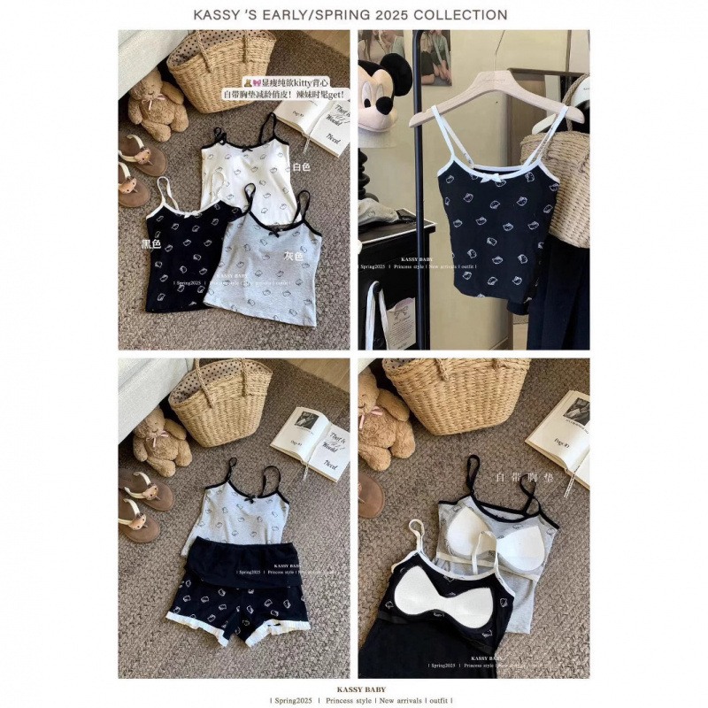 Spring and Summer 2025 New Spice Girl Style Full Print Cat Contrast Color Camisole Slim-fit Sexy Slimming All-match Underwear