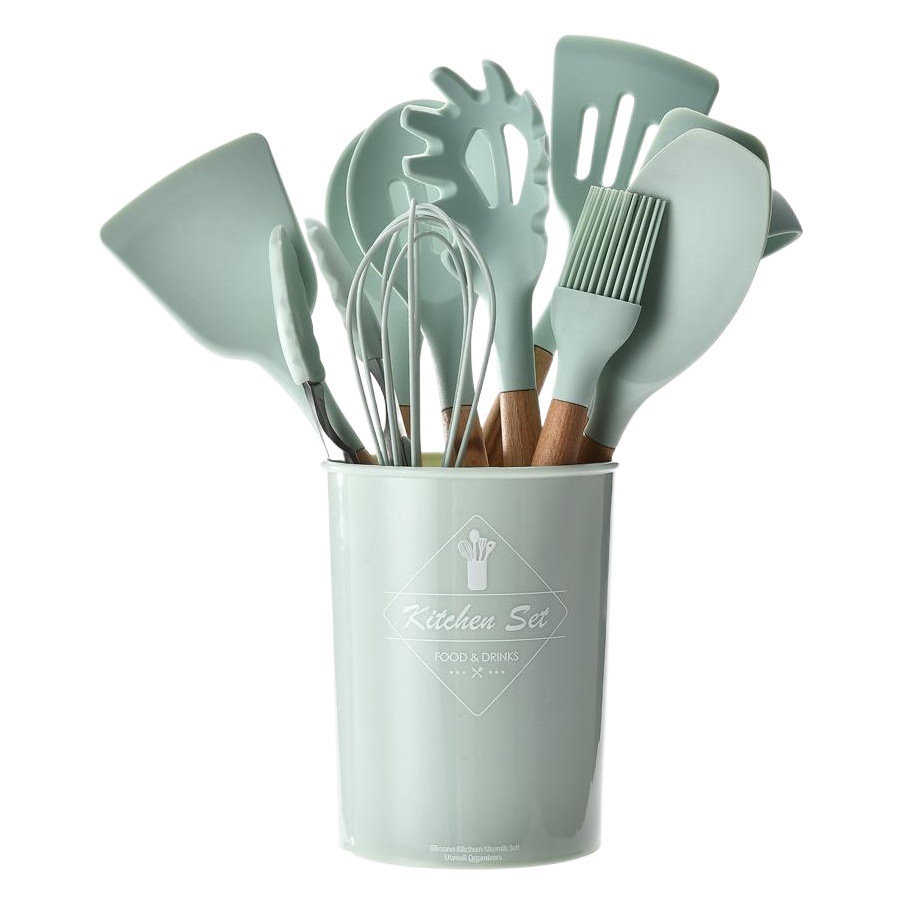 Aqua Green Storage Barrel Silicone Kitchenware with Wooden Handle 11-Piece Set Non-Stick Shovel Kitchen Utensils Cooking Set