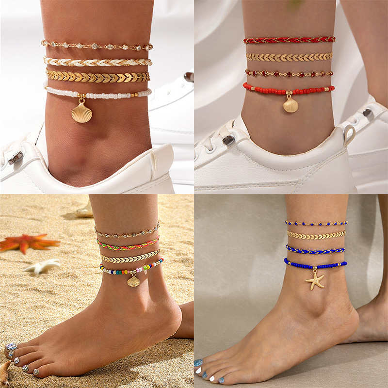 European and American Cross-border Jewelry Beads Beaded Rope Shell Four-layer Bracelet Geometric Diamond Leaves Multi-layer Foot suit