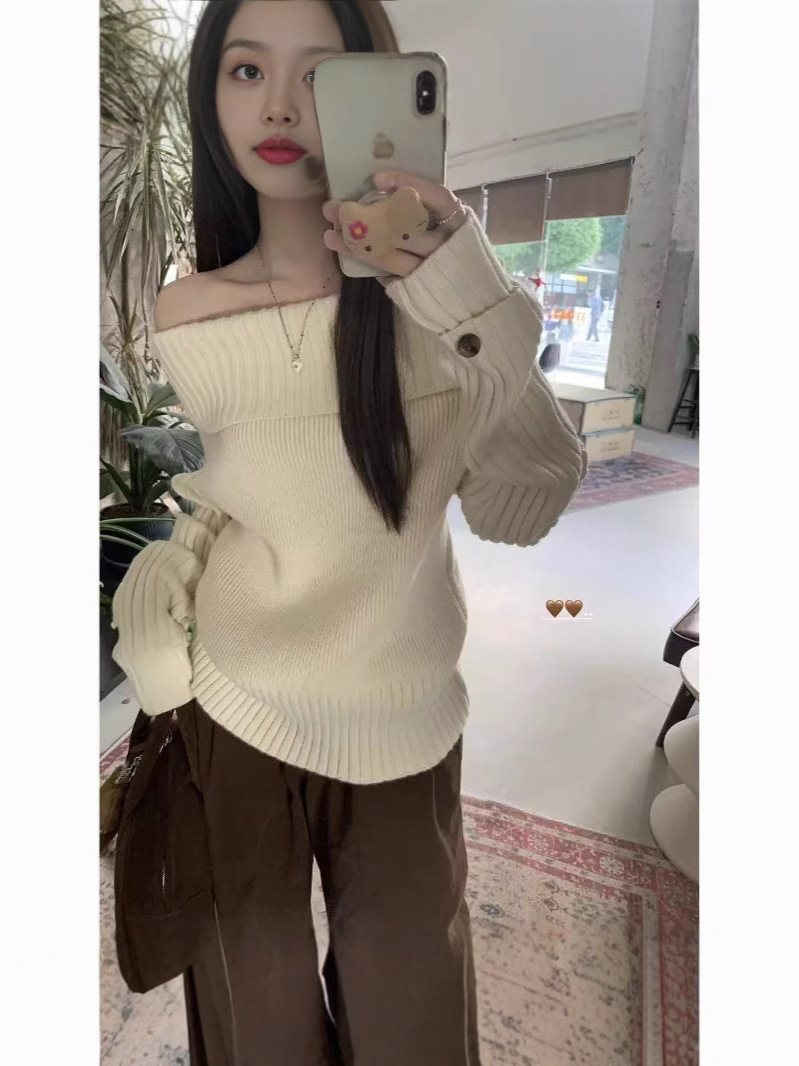 2025 Lazy Style Pure Color One-Shoulder Style Knitwear for Women Winter Design Knitted Knitwear Loose High-End Top