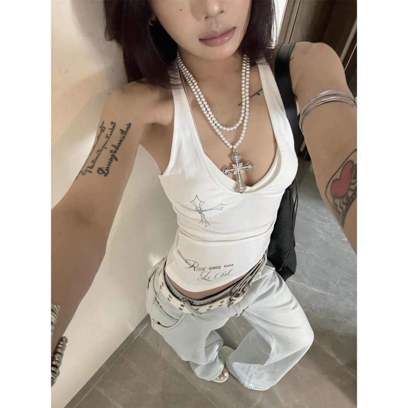 Halter Neck Sleeveless Top 2×10 Cross Camisole Women's 401 Slim Fit 1 Pure Cotton White Gray