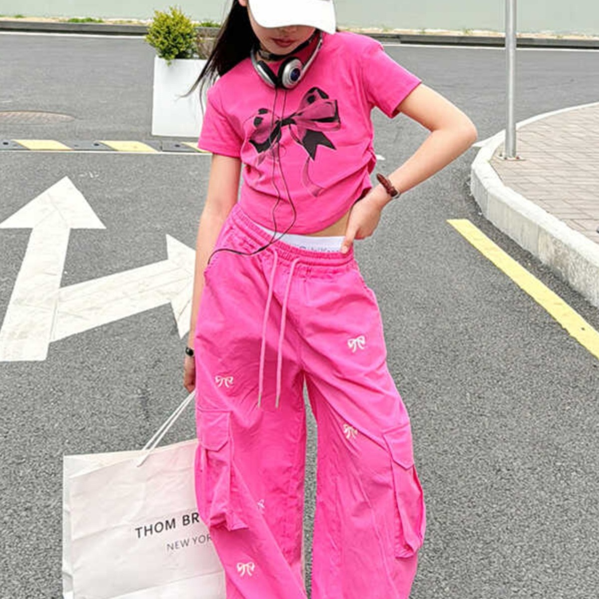 Pink Children's Tooling Pants Thin 2024 Spring New Korean Style Loose Casual Western Style Tooling Pants