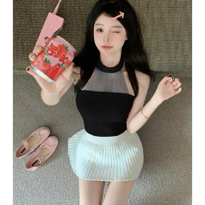 Picture of Lace Hanging Neck Sling Women's Summer Chest Wrapping Vest French Style Chic Strapless Hot Girl Sexy Knitted Top