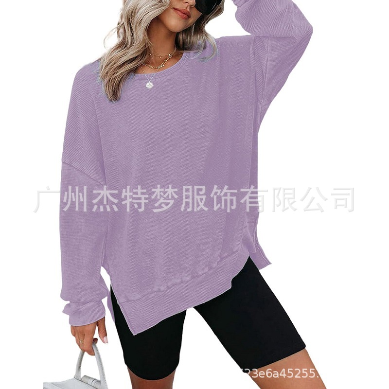 Picture of 2025 European and American Cross-Border Women's Clothing Amazon Autum New Round Neck Long-Sleeved Side Slit Waffle Sweatshirt T-Shirt for Women
