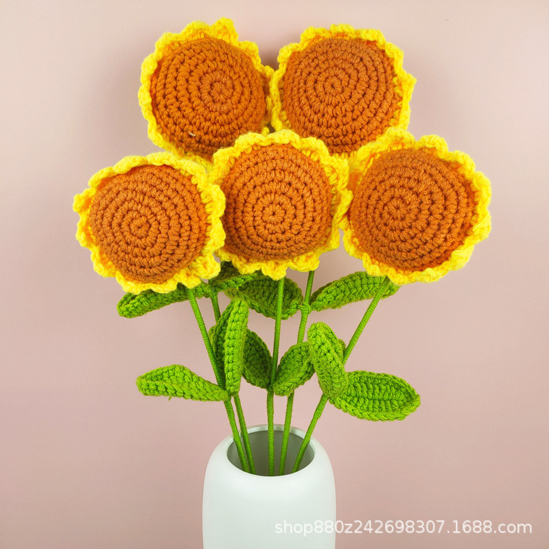 Picture of Smiley face sunflower artificial flower finished hand-woven bouquet sunflower wool knitting wholesale teacher's day gift