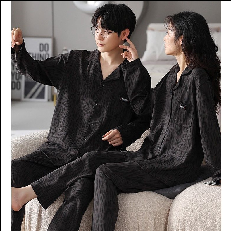 New Spring and Autumn Couple Pajamas Women's Autumn Cotton Cardigan Men's Lapel Long-sleeved Trousers Home Suit Home