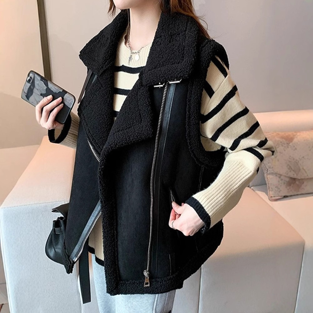 Small original design lamb plush fur one-piece vest coat autumn and winter half short sleeve with all-match vest