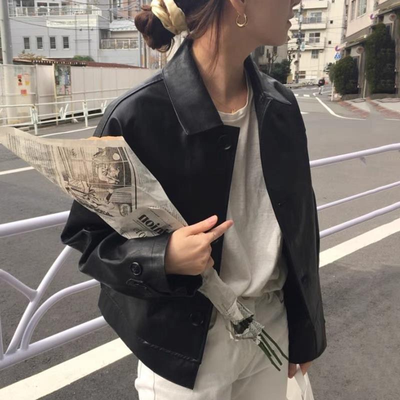 Autumn 2024 New Retro Handsome Motorcycle Simple Loose Short Jacket Imitation Leather All-match Jacket for Women
