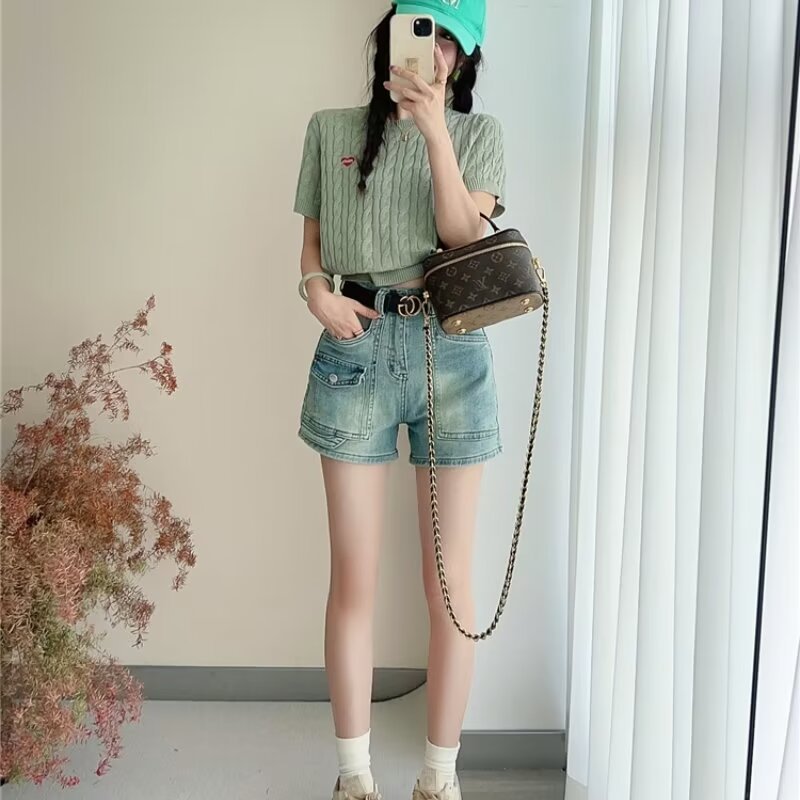 American Style Stretch Slim Fit Denim Shorts Women's 2024 Summer New High Waist A- line Wide Leg Workwear Casual Hot Pants