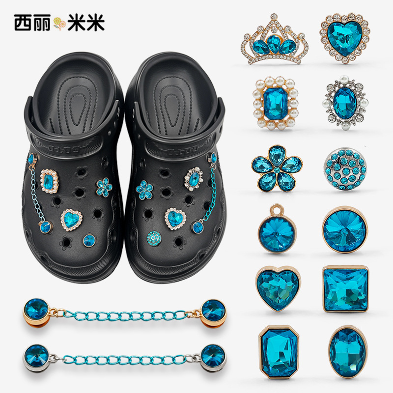 New DIY integrated hole buckle, metal geometric edged lake blue crystal glass detachable decorative shoe buckle