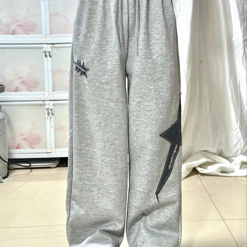 American Sports Pants for Men and Women Summer Stars Embroidered Street Dape Straight Casual Pants Loose Grey Wide Leg Pants