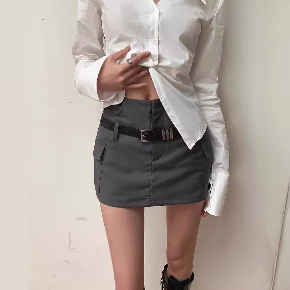 2024 summer new gray skirt women's design sense hot girl slim hip skirt belt