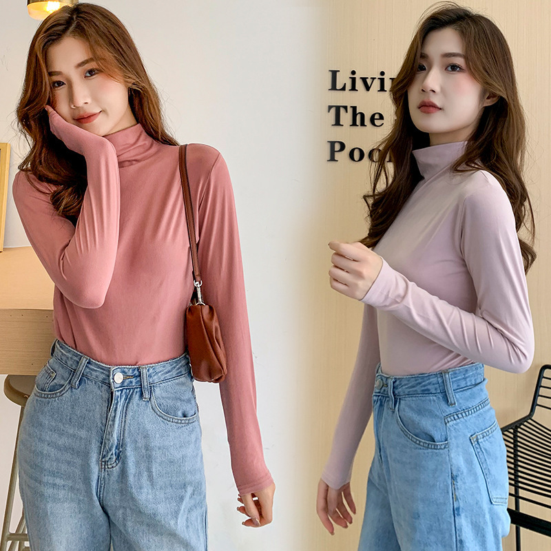 Picture of Milk Silk Bottoming Shirt Women's Long-Sleeved T-Shirt Half Turtleneck Spring, Autumn and Winter 2025 New Black Inner Style Tight Top